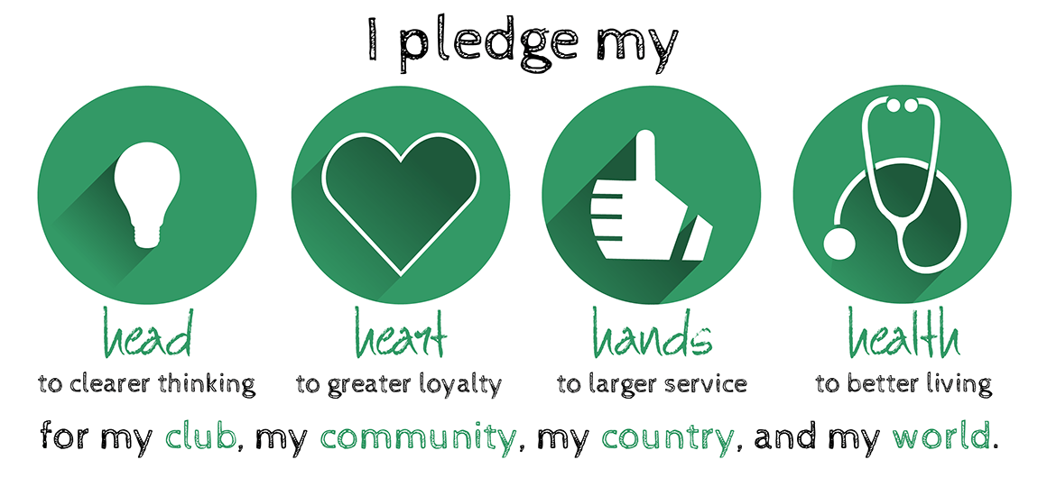 I pledge my head to clearer thinking, heart to greater loyalty, hands to larger service, and health to better living for my club, my community, my country, and my world.