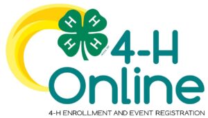 4-H Online logo featuring the green 4-H clover emblem with four white H's on each leaf. A yellow crescent design curves around the clover, and the words '4-H Online' appear below in teal text, along with the tagline '4-H Enrollment and Event Registration' in smaller black text."